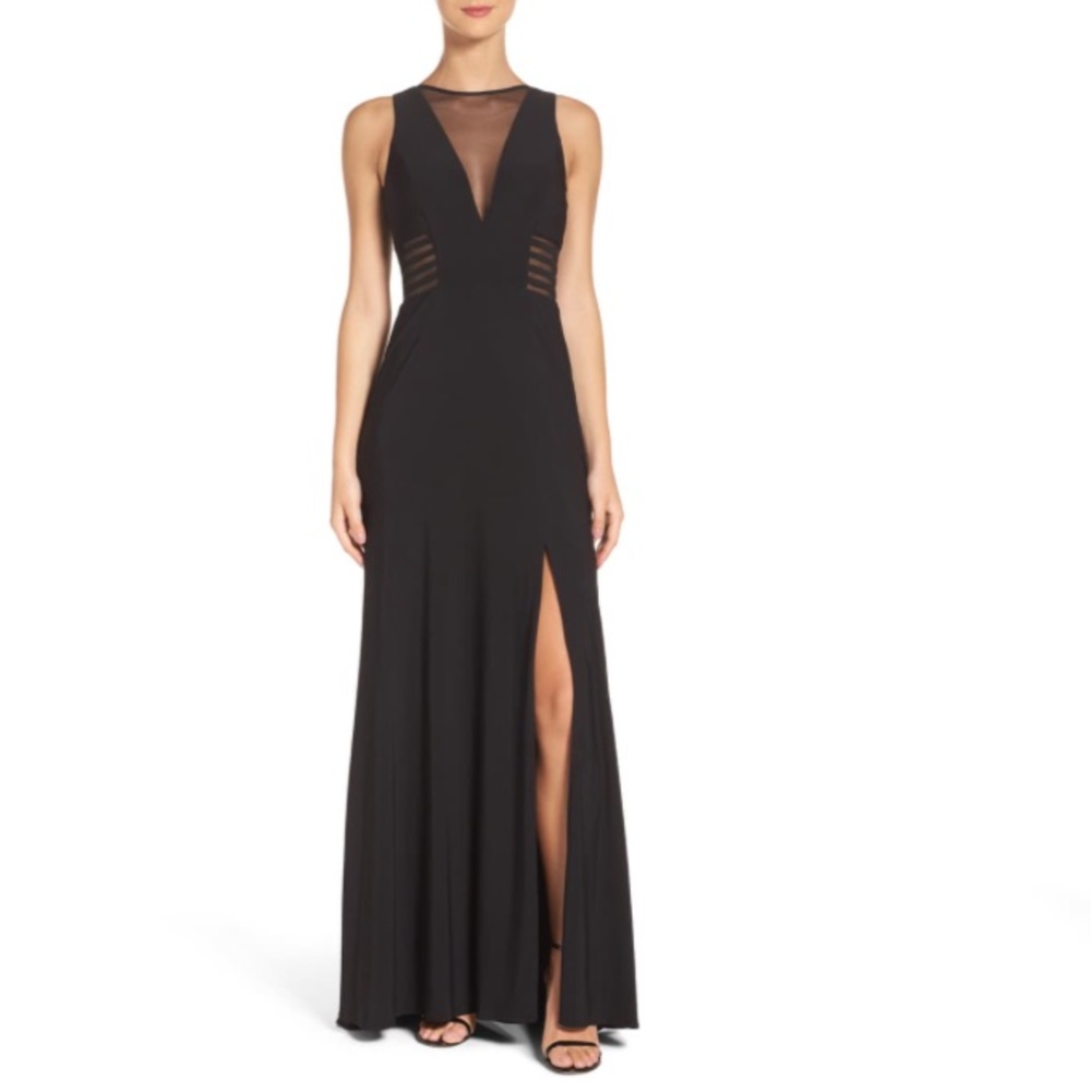 Morgan & Co. Plunging Illusion A-line Dress Black